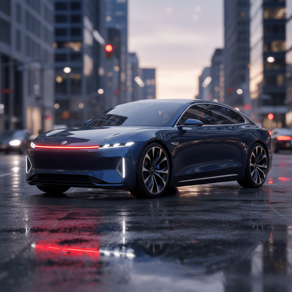 Sleek electric sedan with LED lights on a reflective city street at dusk.