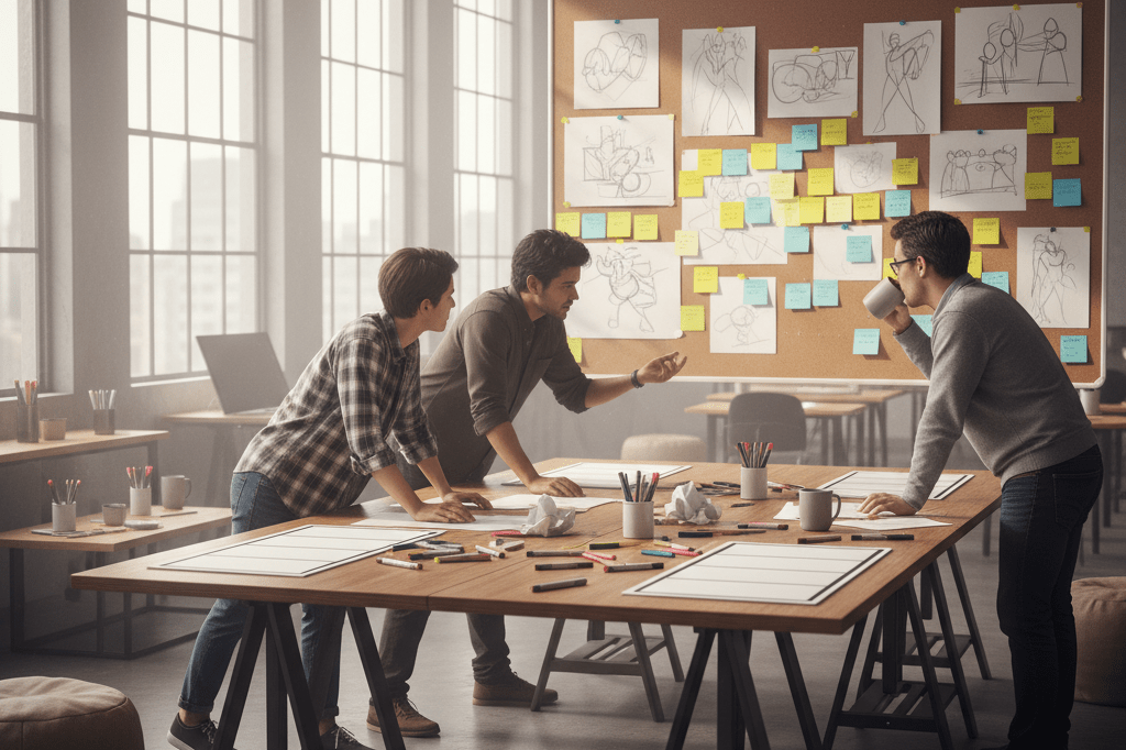 Wide-angle view of an animation studio with corkboard, sticky notes, and storyboards lit by natural window light