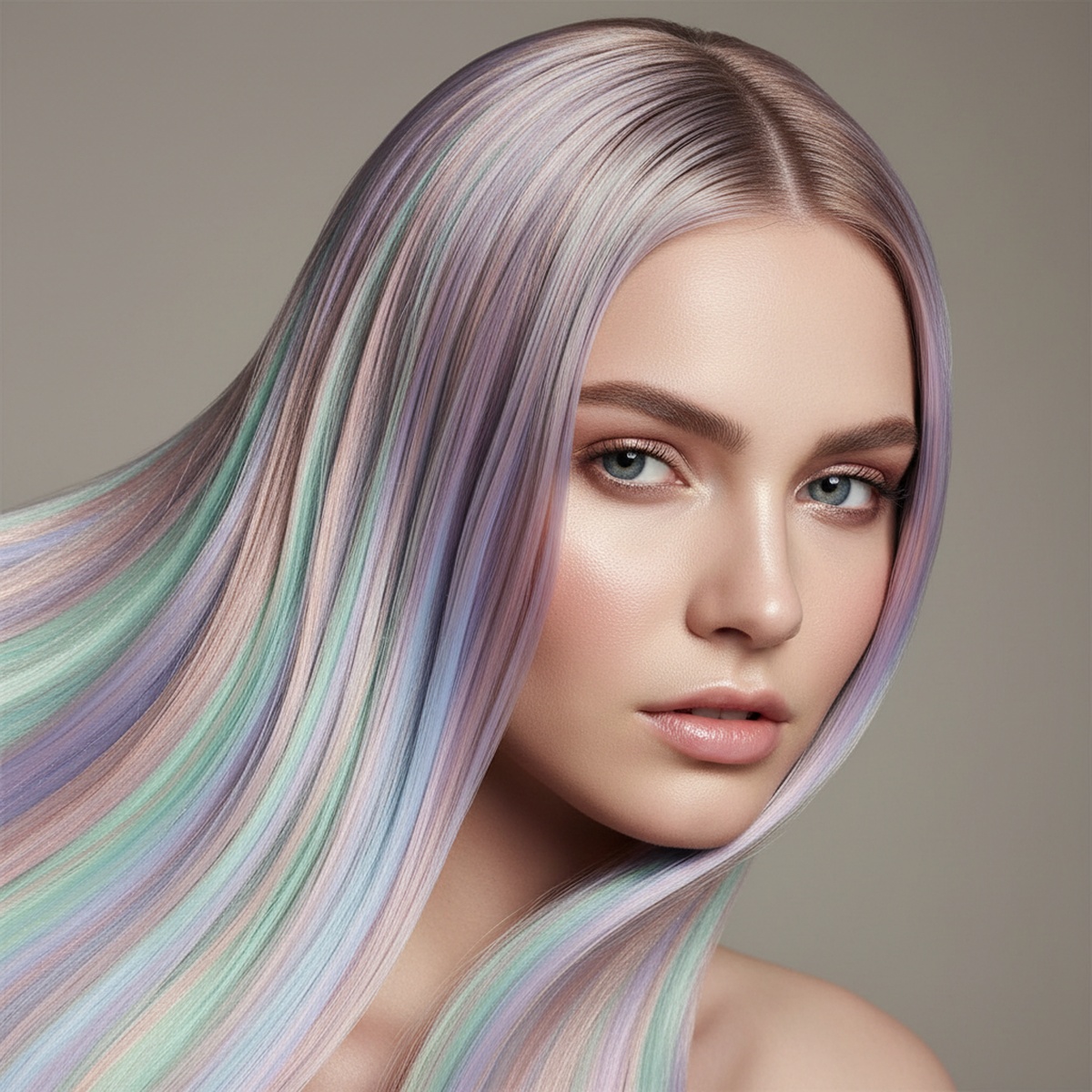 Woman with long, slick pastel oil hair styled in a glowing halo effect.