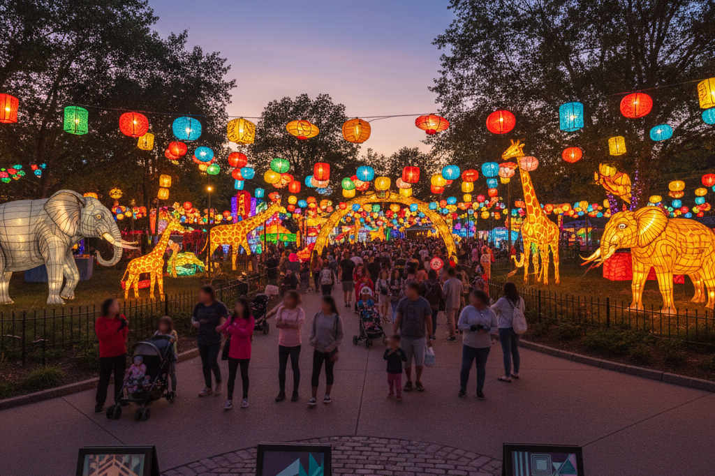 Vibrant lantern displays at Brookfield Zoo's family-friendly festival Twilight scene of glowing lanterns and pathways at a zoo festival, showcasing family-oriented event design