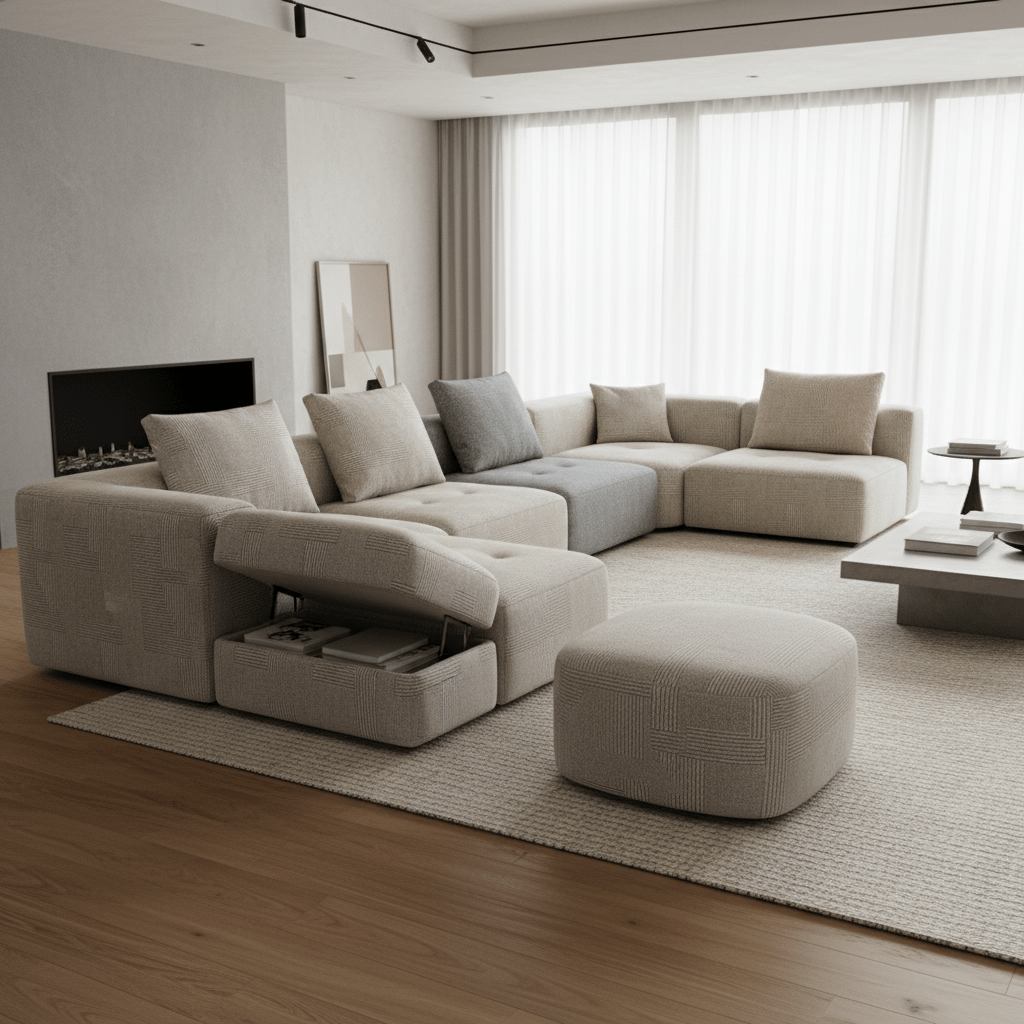 Asymmetrical modular sofa in neutral performance fabric in a modern living space.