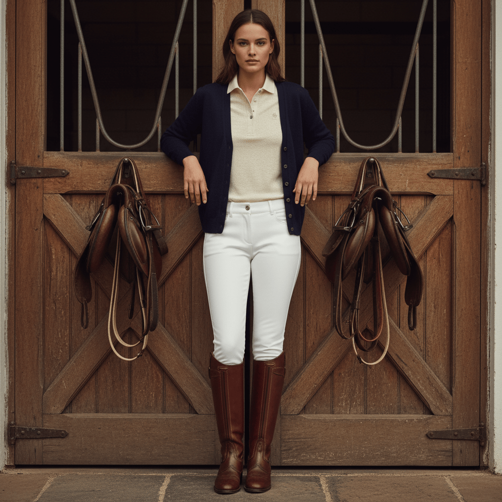 Model in classic white trousers and navy sweater leaning against stable doors.