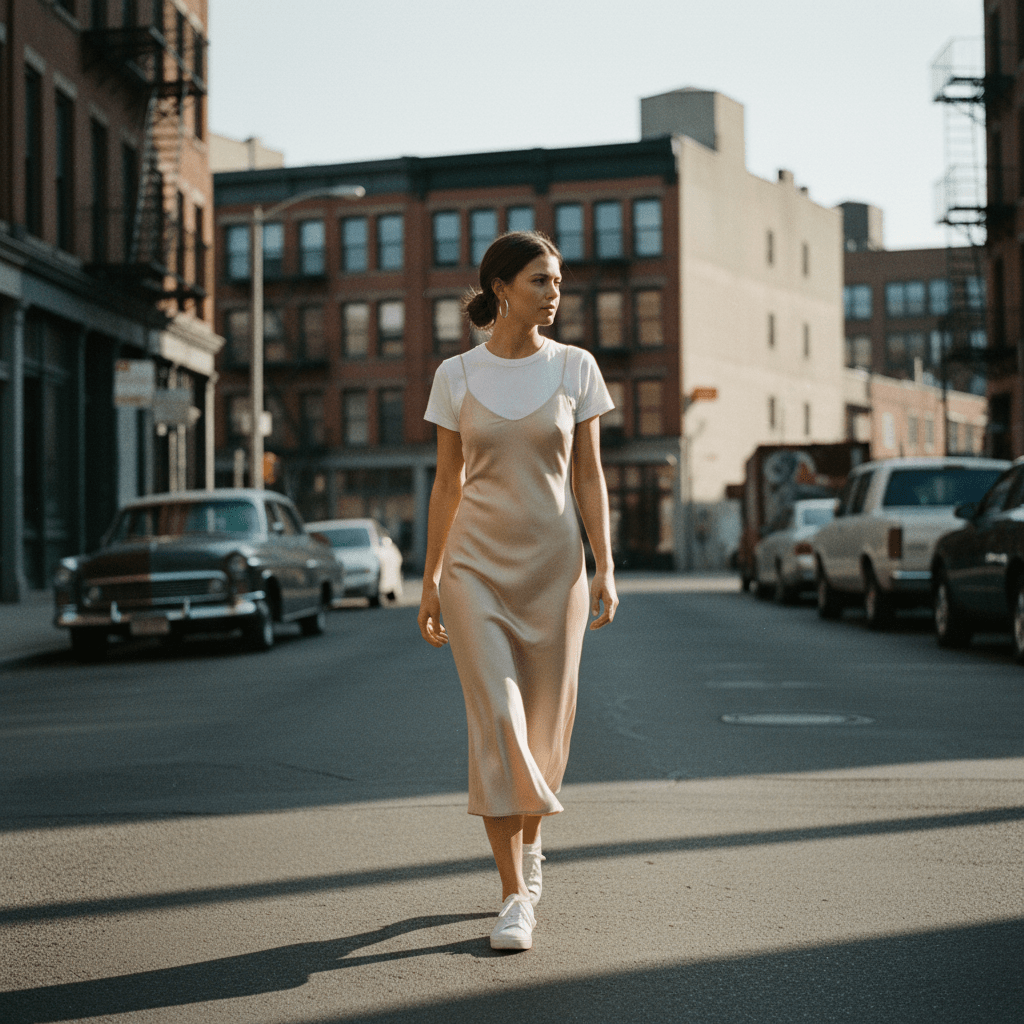 1995-inspired minimalist slip dress over t-shirt on urban street.