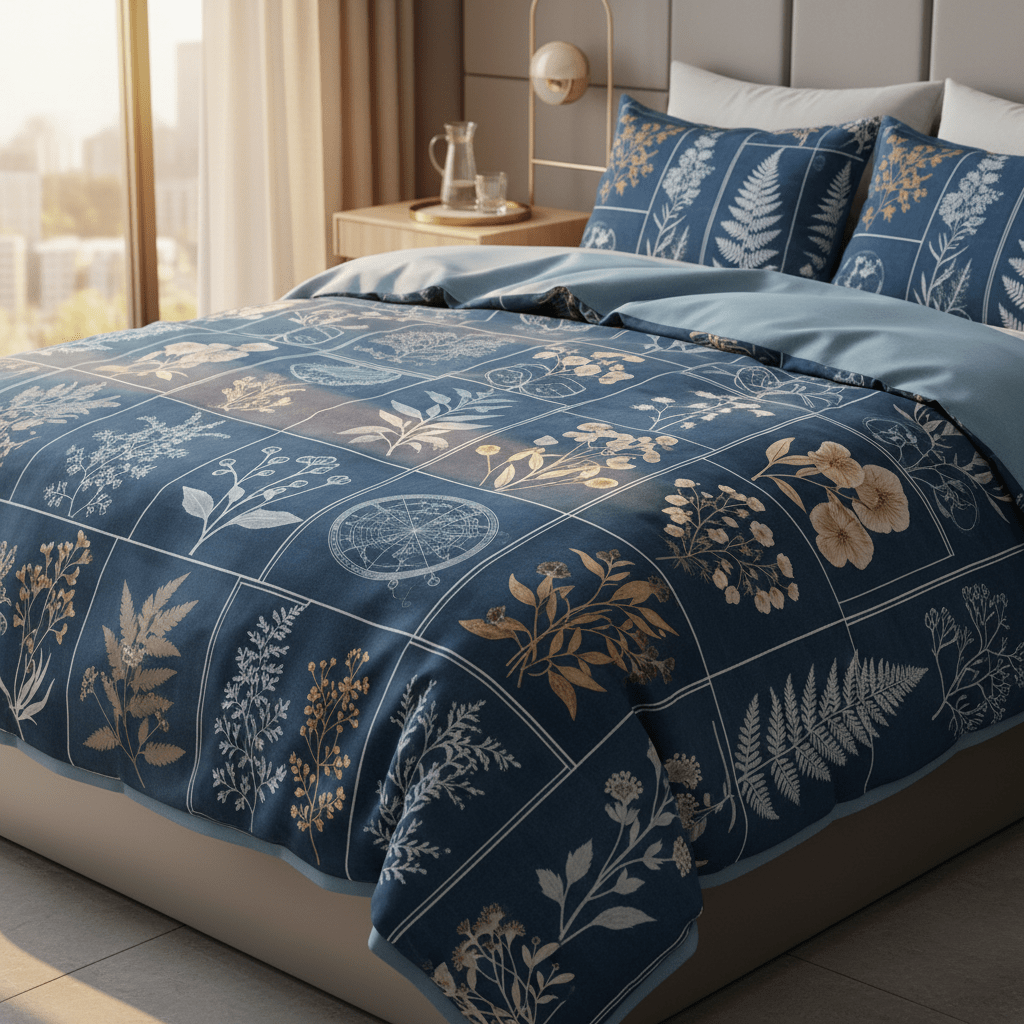 Cyanotype botanical prints on luxurious cotton and linen bedspread in golden hour light.