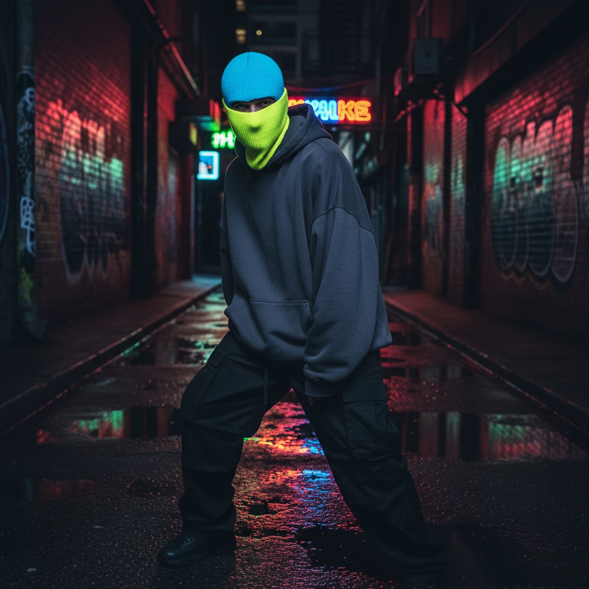 Model in a neon mask and streetwear in a graffiti-filled alley.