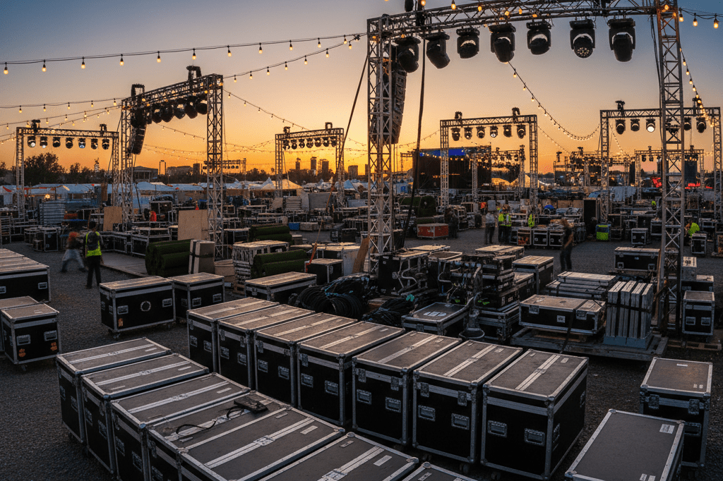 Wide shot of festival logistics area showing stacked crates, lighting rigs, and staging materials under ambient evening light