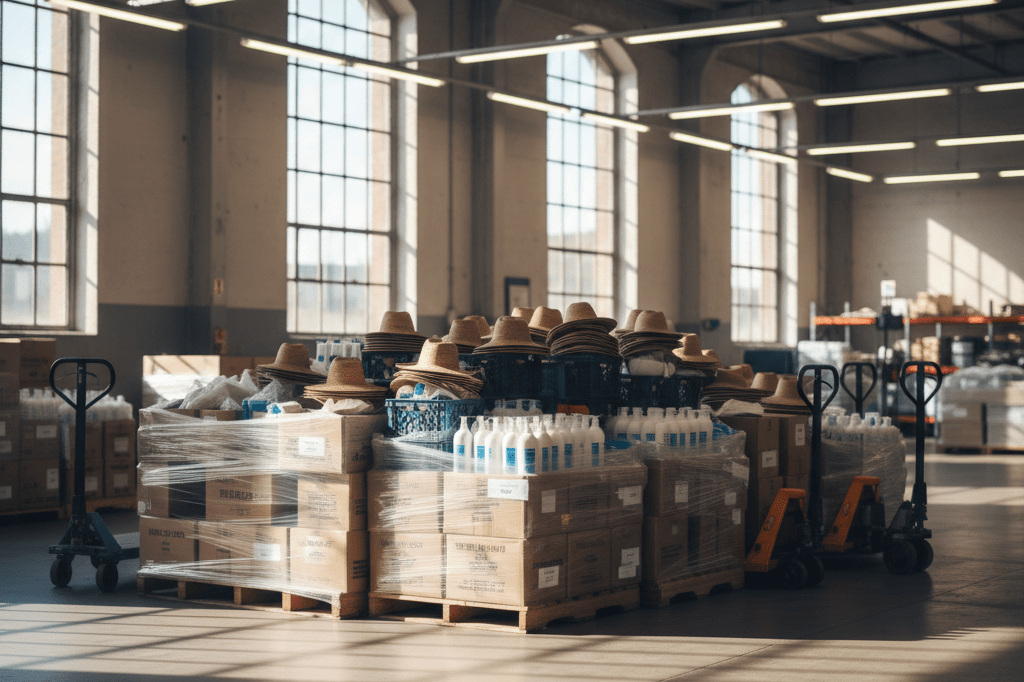Warehouse staging area prepared for heat wave inventory surge Stacks of hats and sunscreen in warehouse under natural light showing supply chain readiness
