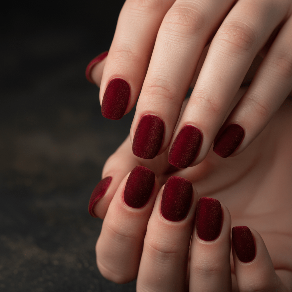 Elegant round cherry cola nails with a matte velvet finish in warm lighting.