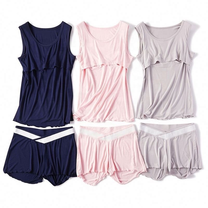 Пижамный комплект для беременных женщин, рубашка и шорты из мягкого хлопка и модала для кормящих матерей