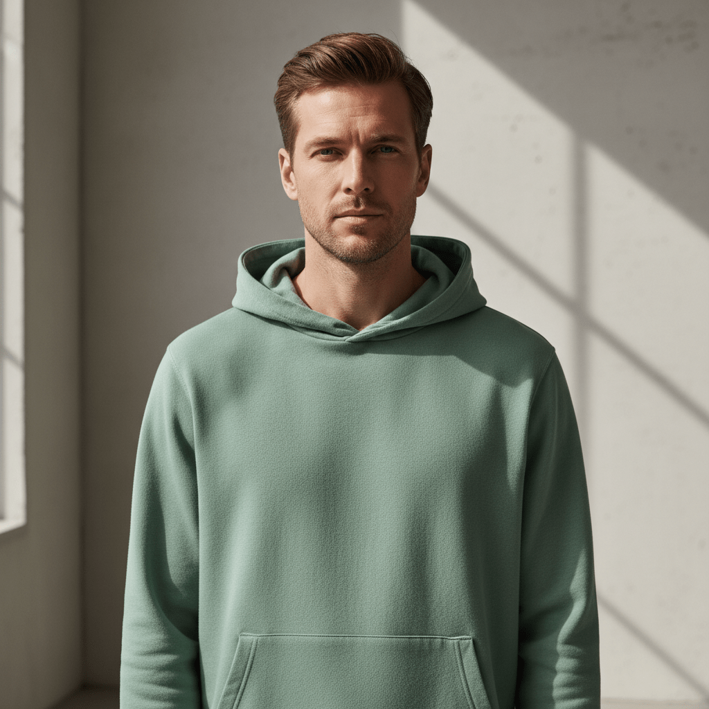 Model in sage green minimalist hoodie with matte texture in modern studio.