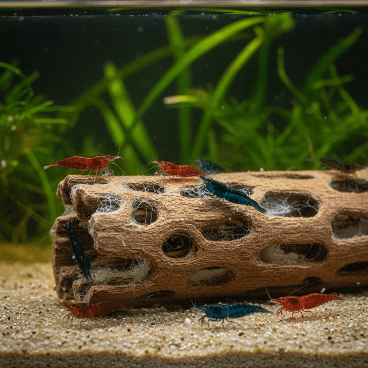 Macro view of porous cholla wood in an aquarium, sheltering juvenile shrimp.
