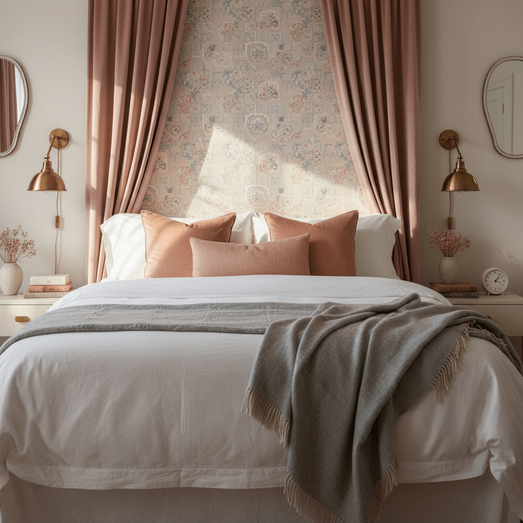 Dusty rose silk curtains filter soft morning light onto apricot pillows and white linens.