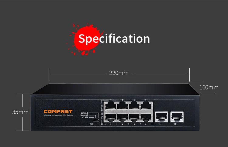 COMFAST  CF-SF181P 8 ports 10/100Mbps Port Unmanaged POE Switch for Power Supply