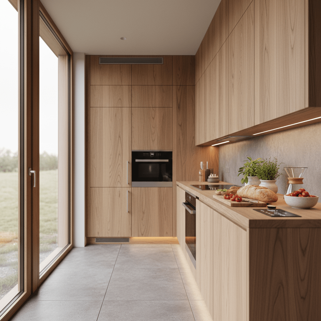 Modern off-grid cabin kitchen with natural wood, solar fridge, and large windows.