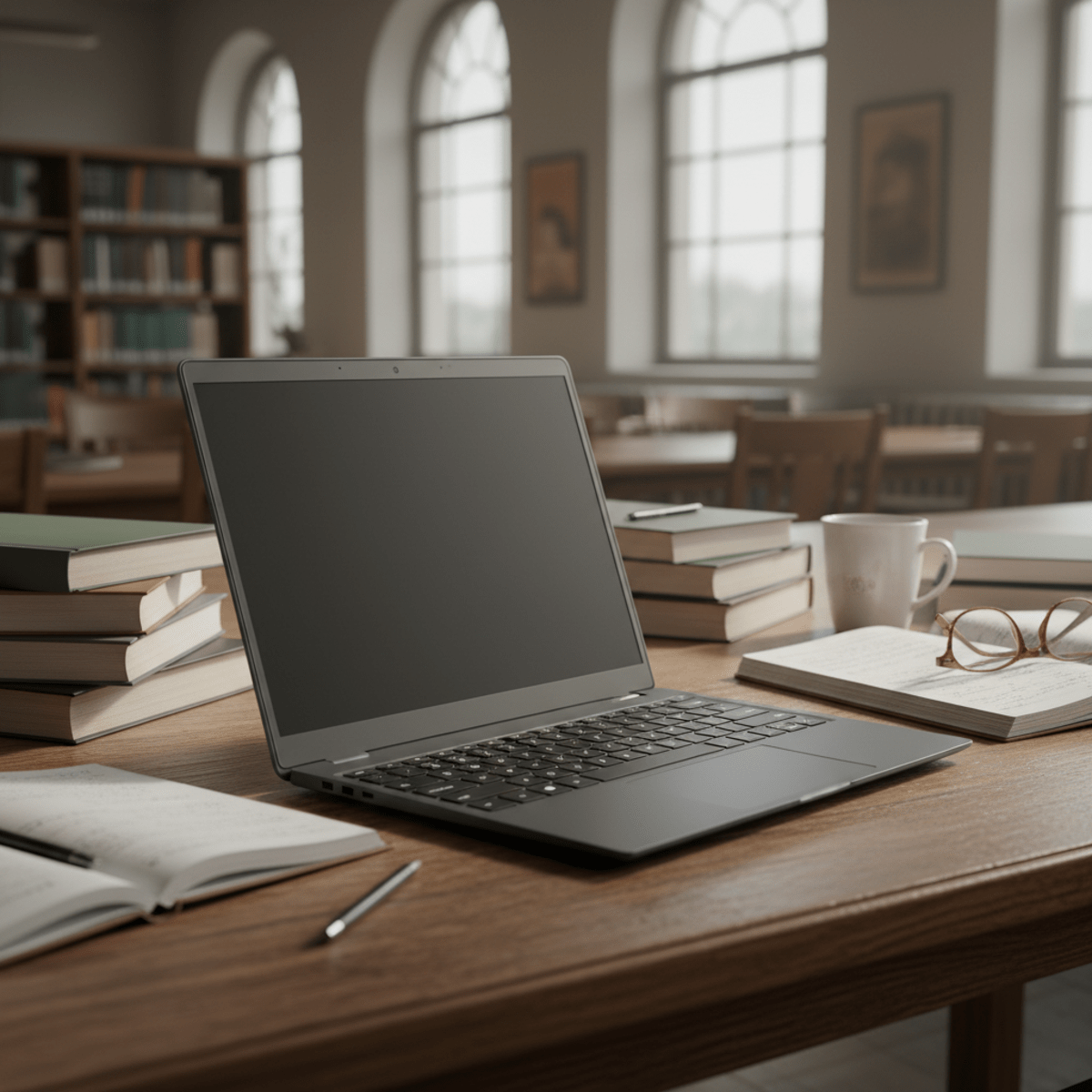 Lightweight ultrathin laptop with backlit keyboard on a library table.