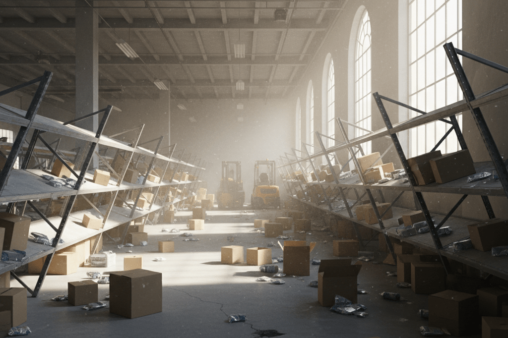 Warehouse aisle with tilted shelves and scattered boxes under natural light, showing supply chain disruption from earthquake