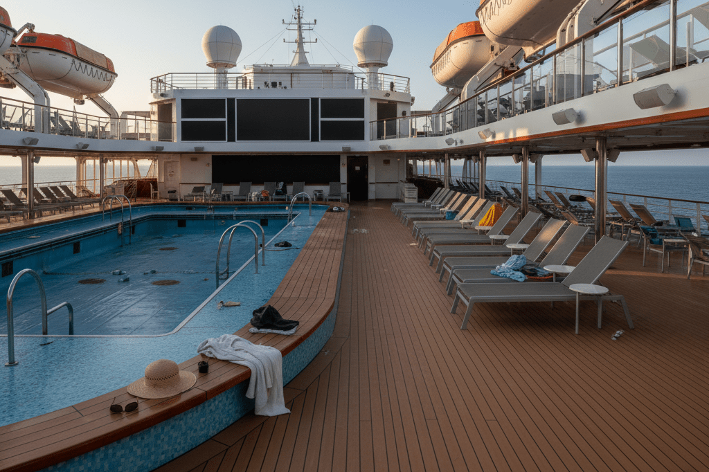 Wide shot of an unoccupied cruise ship deck with stacked pool chairs and idle entertainment areas under natural light