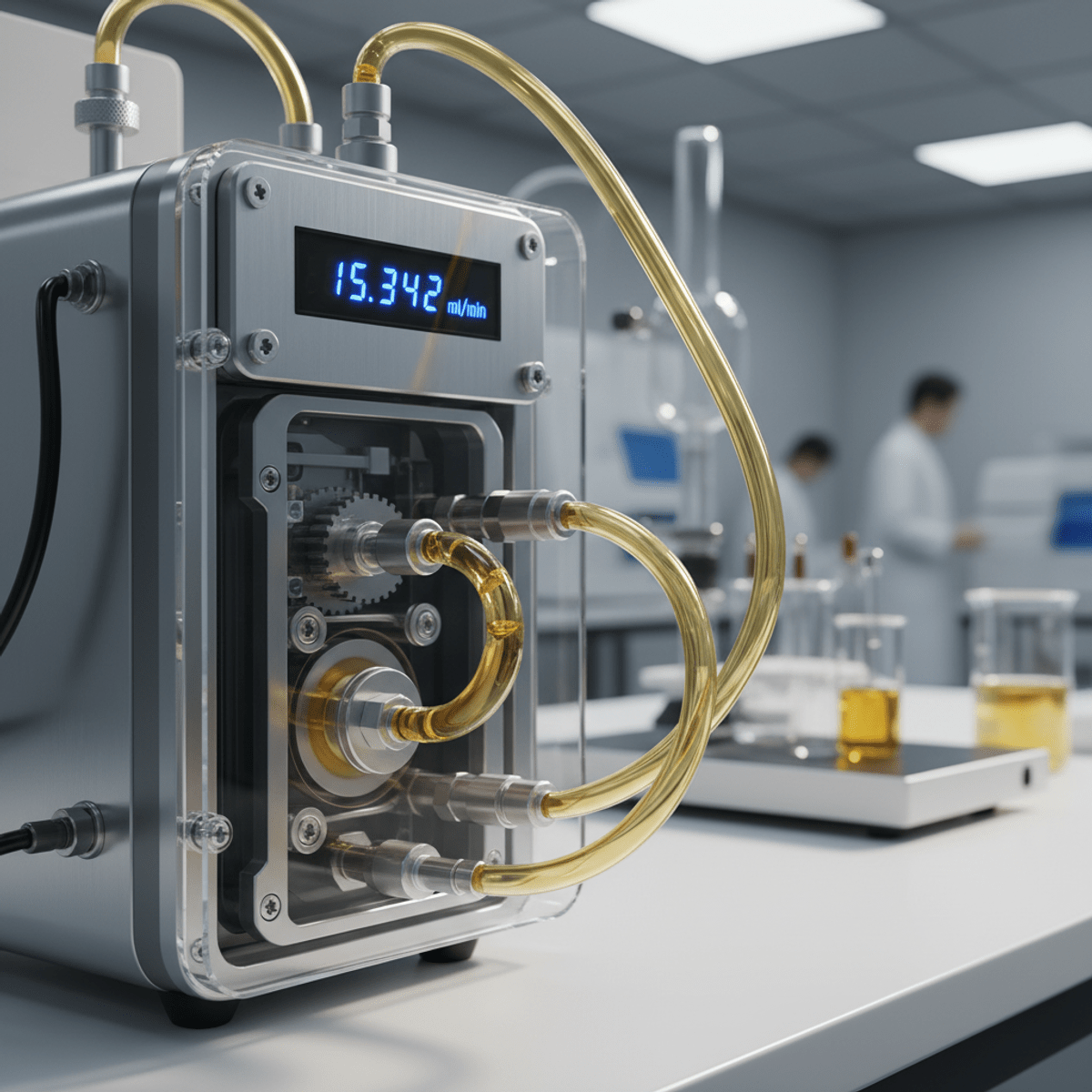 Biotech lab electric oil pump with golden liquid. High-precision electric oil pump with golden liquid in a sterile biotech lab.