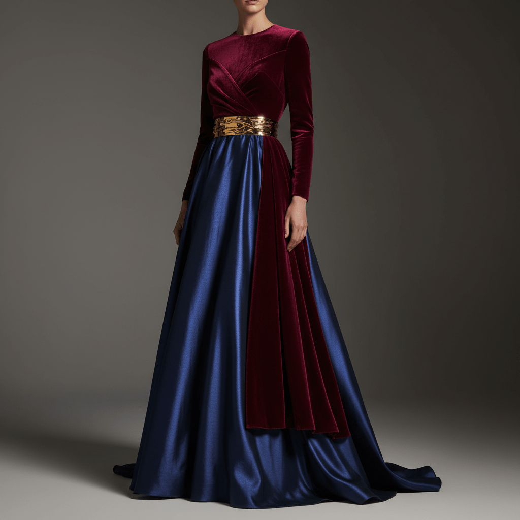 Elegant celestial navy silk and velvet couture gown Luxurious couture gown in flowing silk and deep velvet with metallic accents.