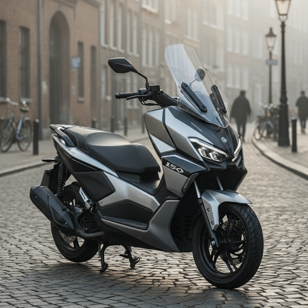 Modern scooter-hybrid motorcycle with dual-tone panels and LED lights on a city street.