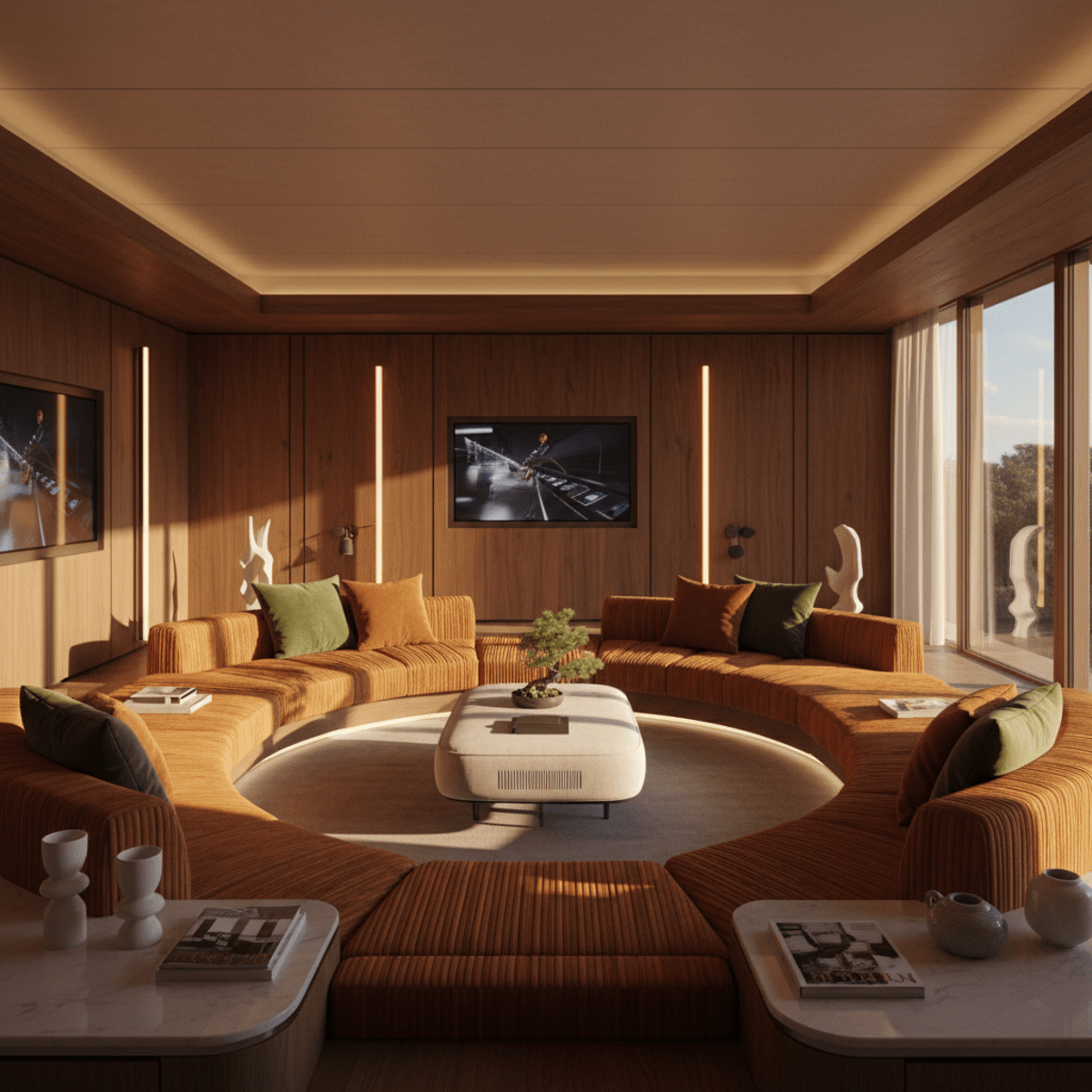 Cozy retro-futuristic living room with sunken floor, modular seating, and warm ambient lighting.