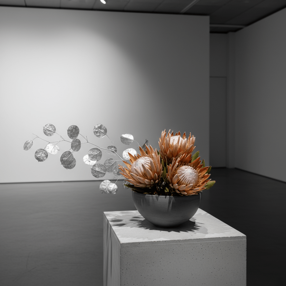 Elegant dried protea and lunaria in a charcoal ceramic bowl in an art gallery.