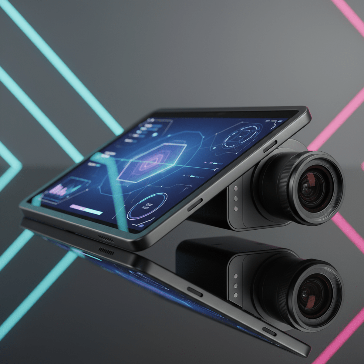 Ultra-modern folding tablet with camera module on a reflective surface.