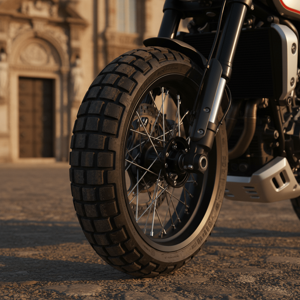 Supermoto tires with classic tread on a modern scrambler bike, featuring cinematic lighting.