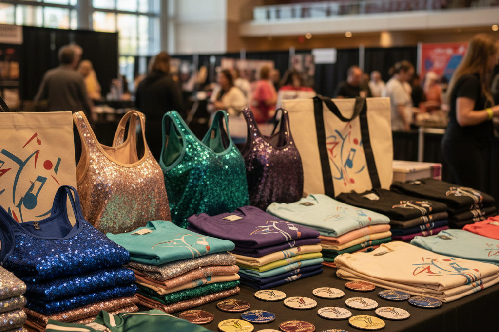 Medium shot of dance-themed apparel and collectible pins on a convention merchandise table under natural arena lighting