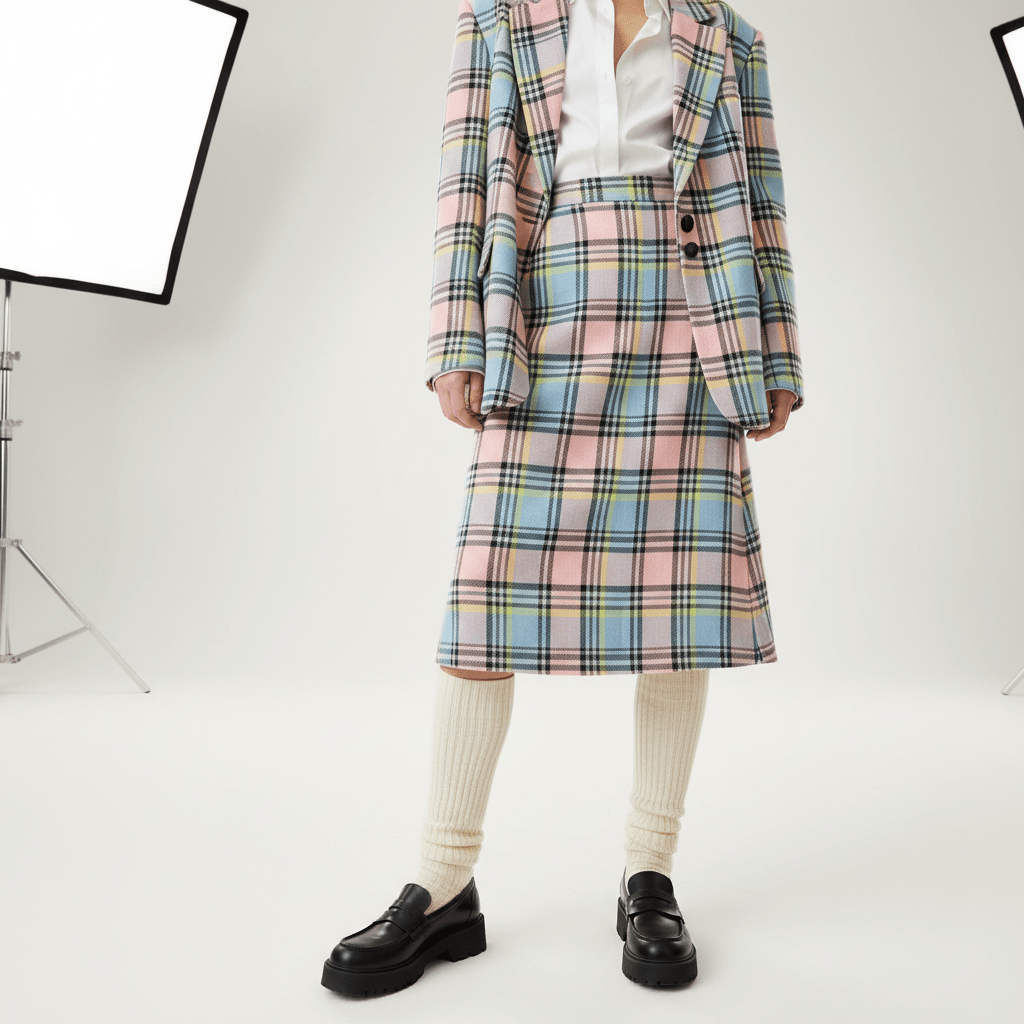 Relaxed 90s inspired plaid skirt suit with chunky platform loafers and ribbed socks.