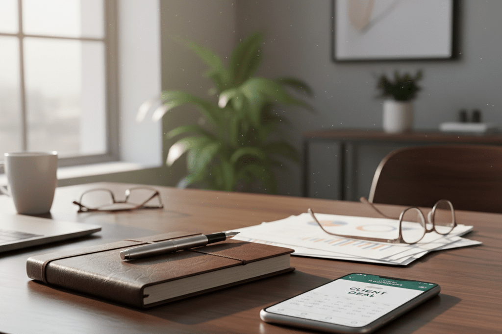 Modern office desk with negotiation tools lit by soft natural light, representing effective business communication strategies