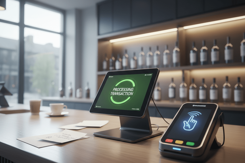 Wide-angle view of a retail counter with digital verification tools under warm ambient light, symbolizing systemic transaction hurdles