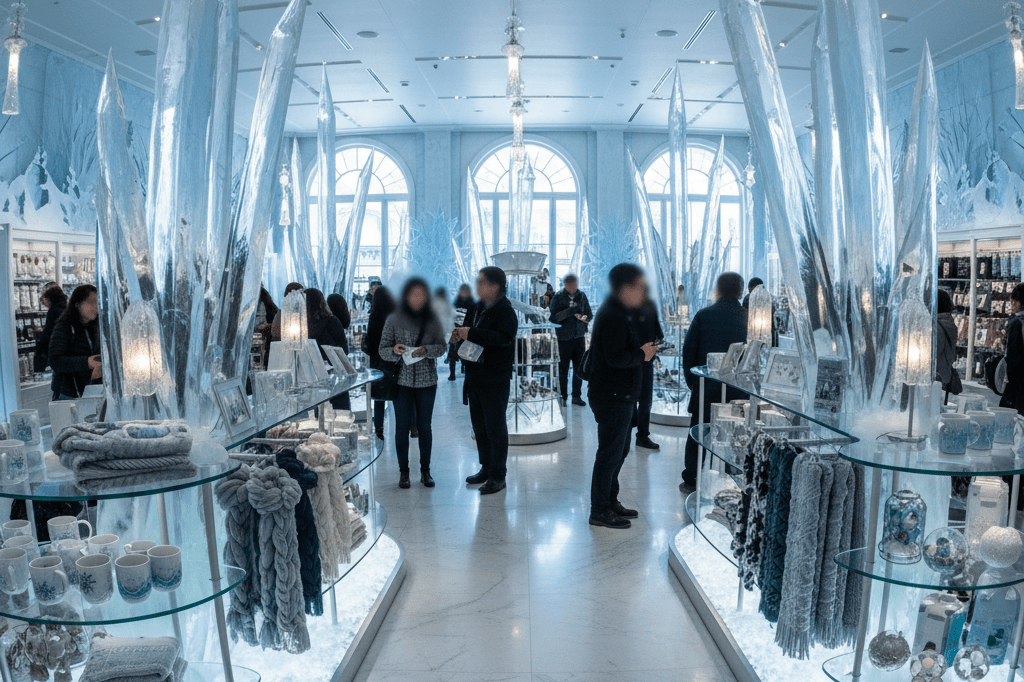 Wide shot of an experiential retail area with icy decor and winter-themed products under soft blue lighting, evoking narrative-driven consumer engagement