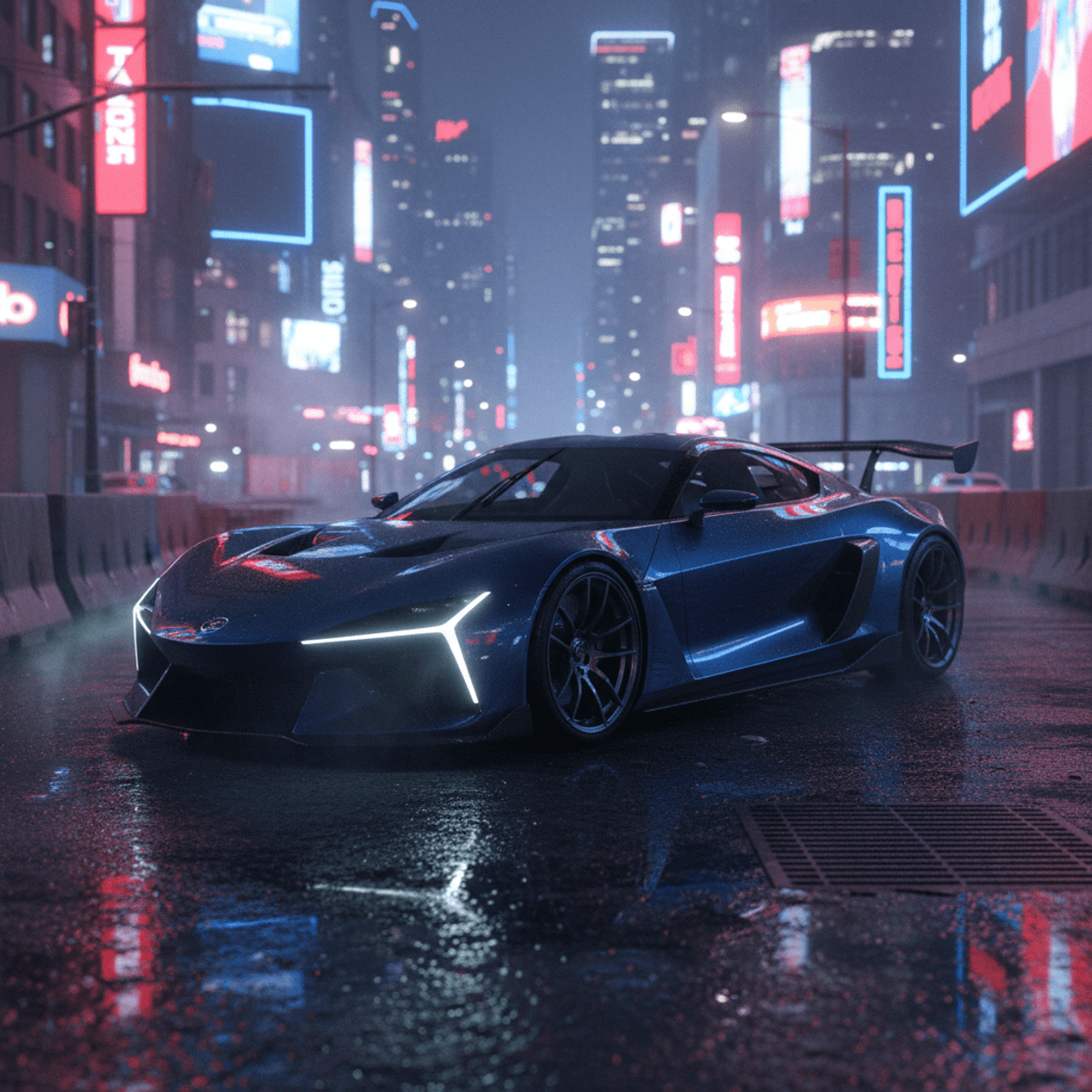 Sleek sports car under neon city lights on wet pavement at night.