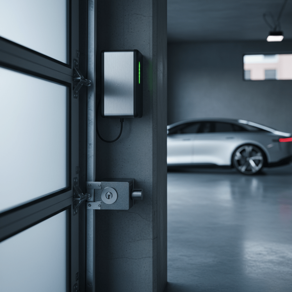 Sleek wall mount garage door opener with deadbolt in a modern urban garage.