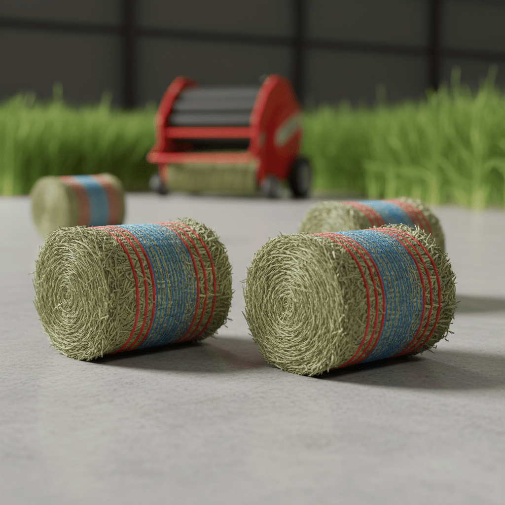 Mini hay bales wrapped in colorful twine on a polished concrete studio floor.