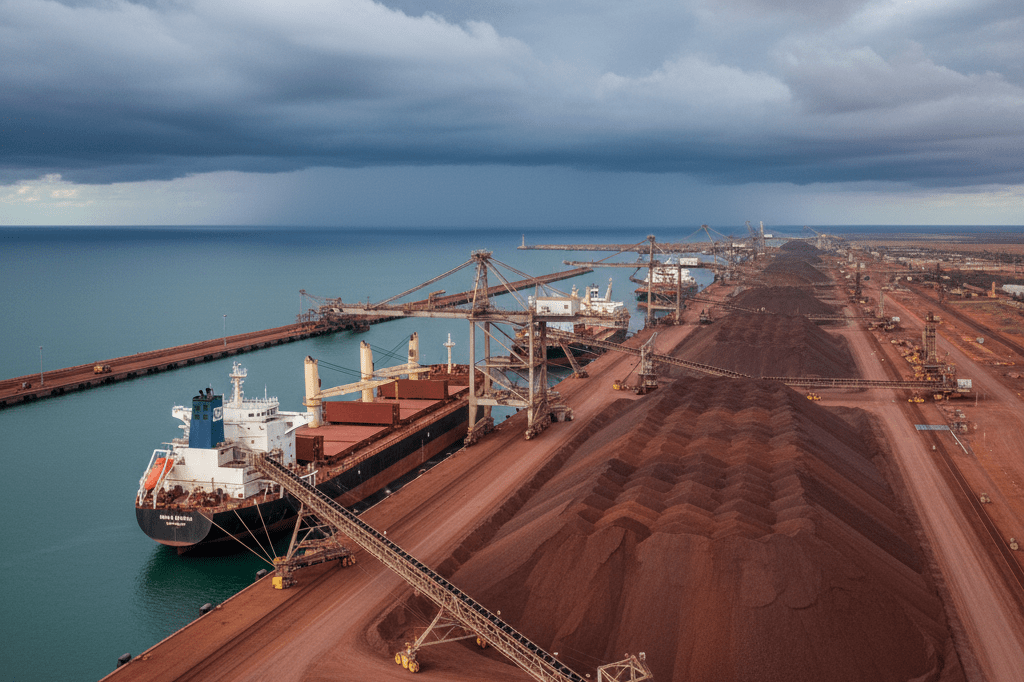 Wide-angle view of Port Hedland's iron ore export facilities under ominous weather conditions highlighting supply chain vulnerability