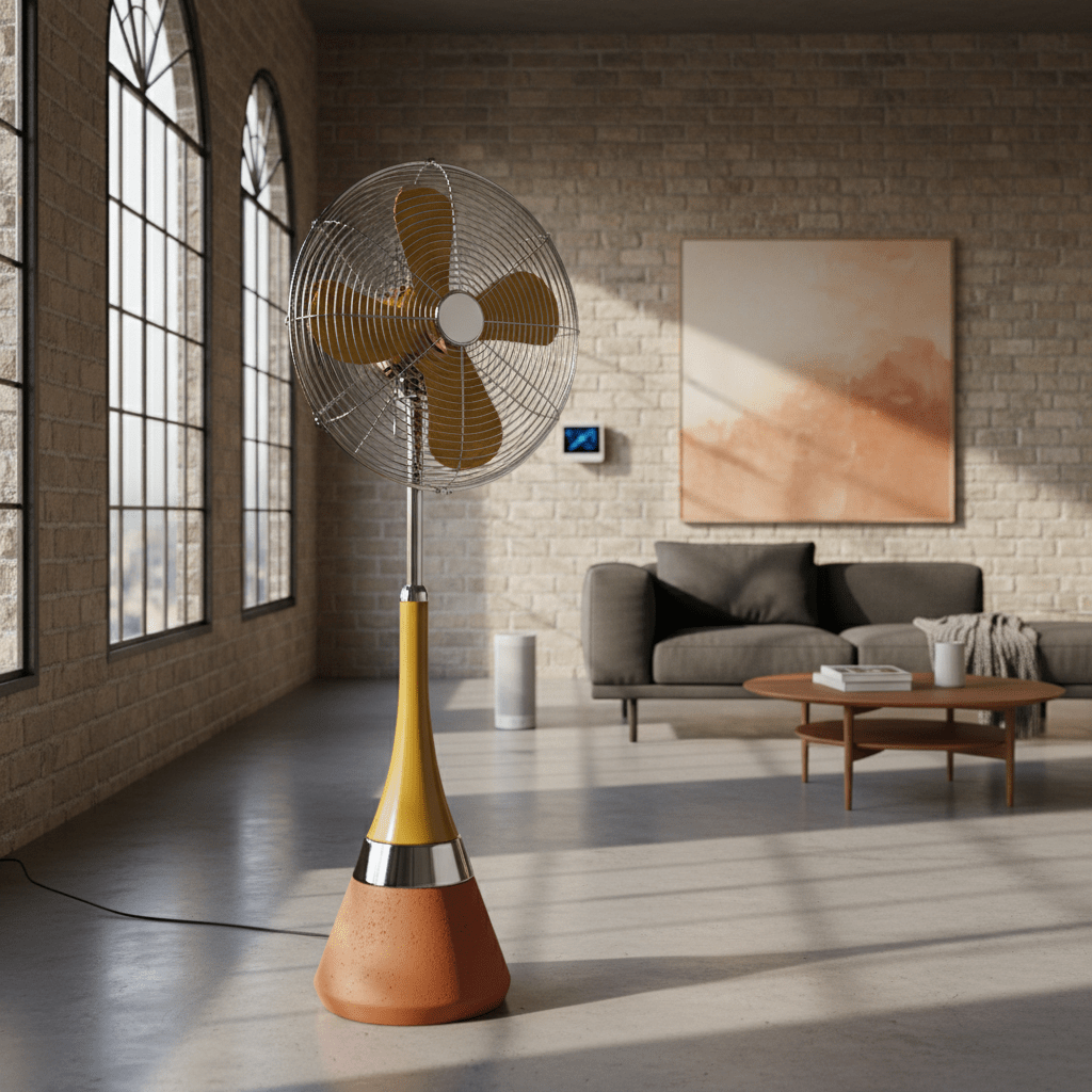 Elegant mustard yellow standup fan with terracotta base in a modern loft.