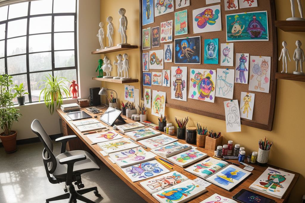 Photorealistic wide shot of an animation studio filled with concept art, maquettes, and tools under natural light