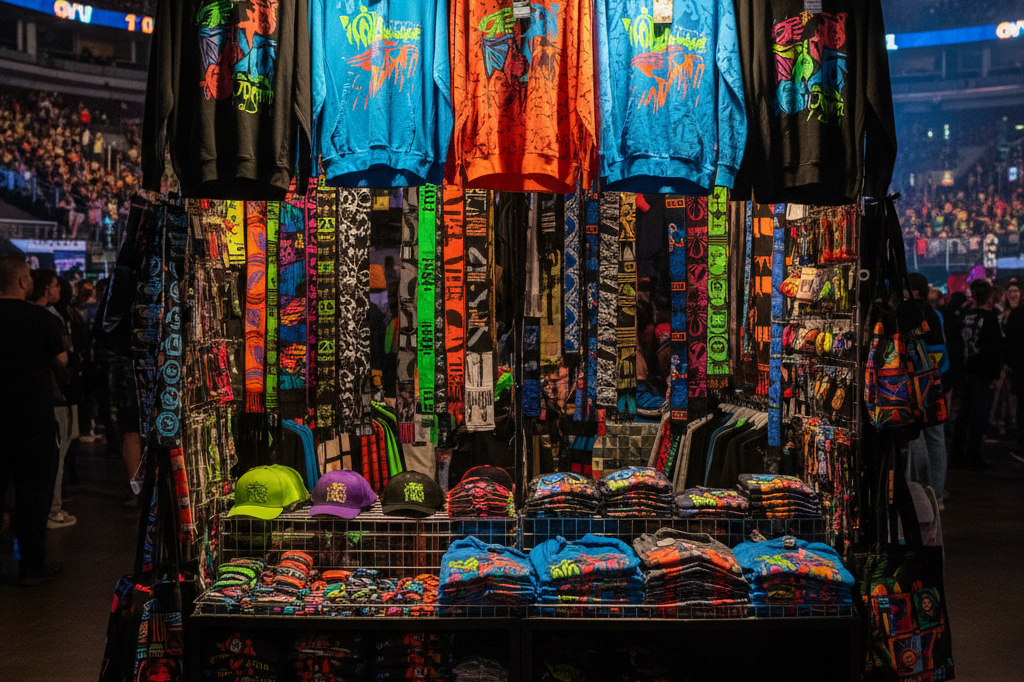 Colorful generic tour merchandise displayed on racks in a busy arena concourse under warm lighting