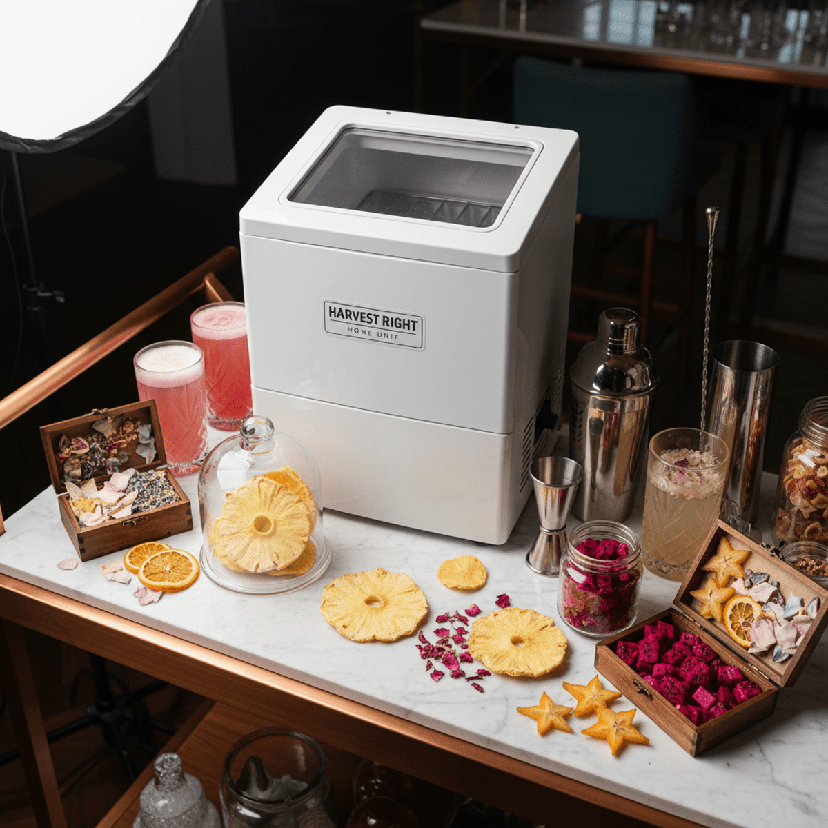 Upscale mixology station with freeze dryer and tropical cocktail garnishes on marble.