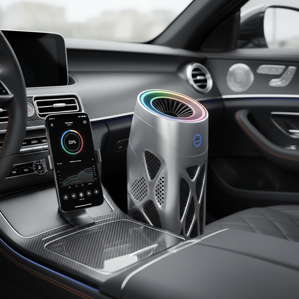 Futuristic car air purifier with glowing LED ring and smartphone air quality display.