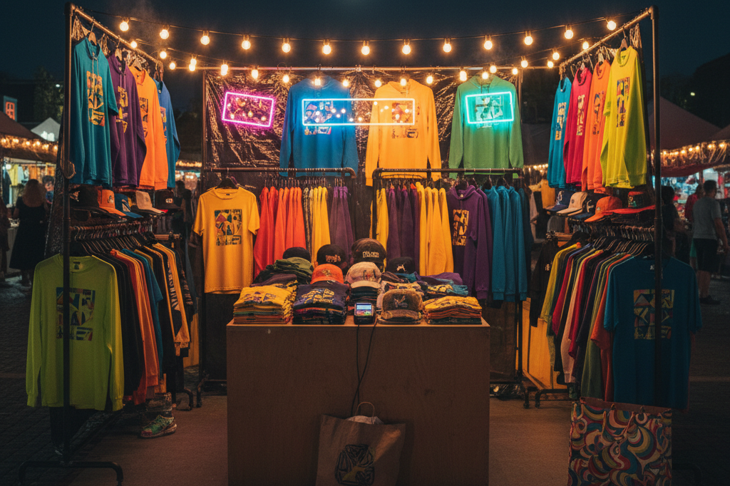 Outdoor festival merch booth at nighttime, filled with colorful apparel and accessories, lit by ambient string lights and neon reflections
