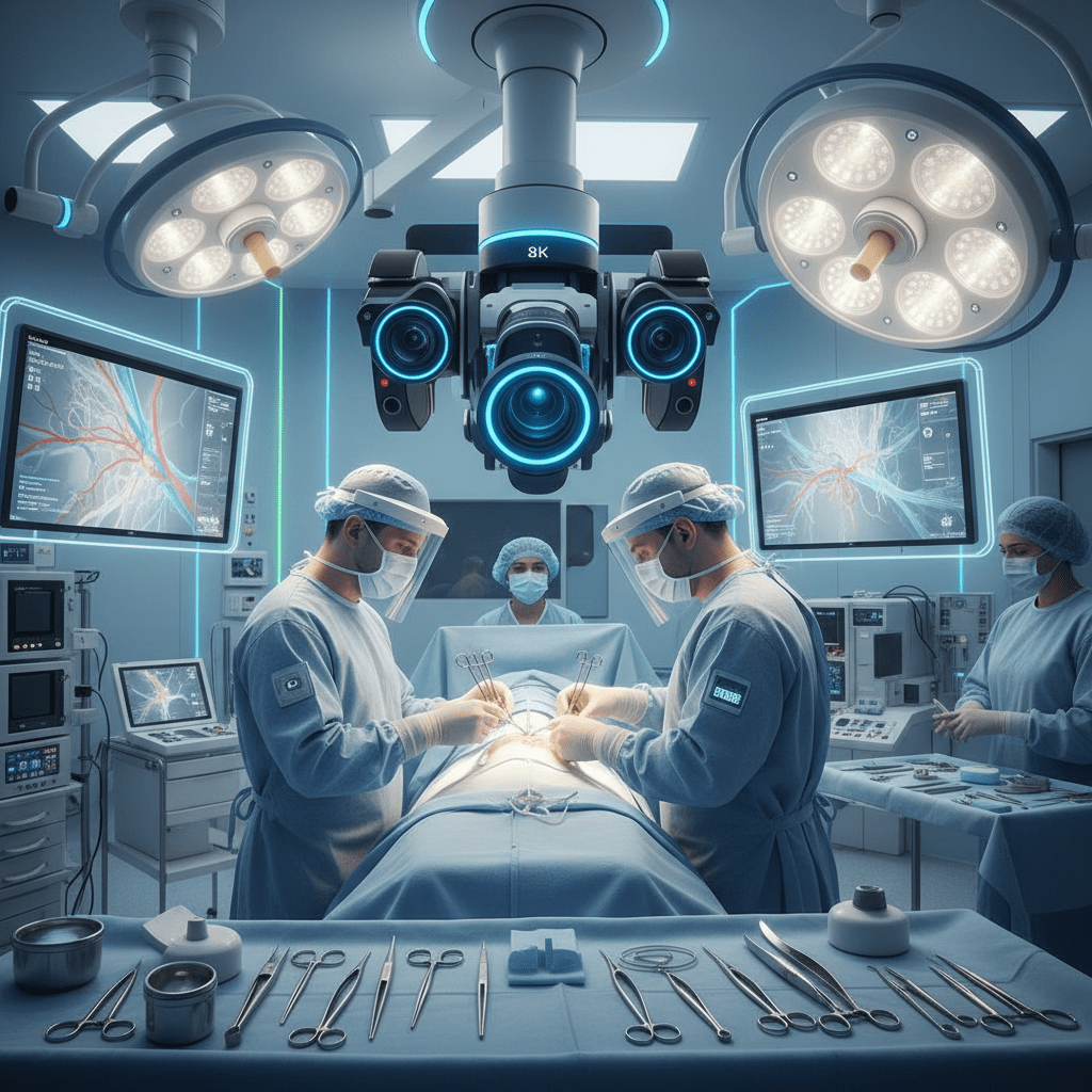 Surgeons performing microsurgery in a futuristic operating room with advanced camera technology.