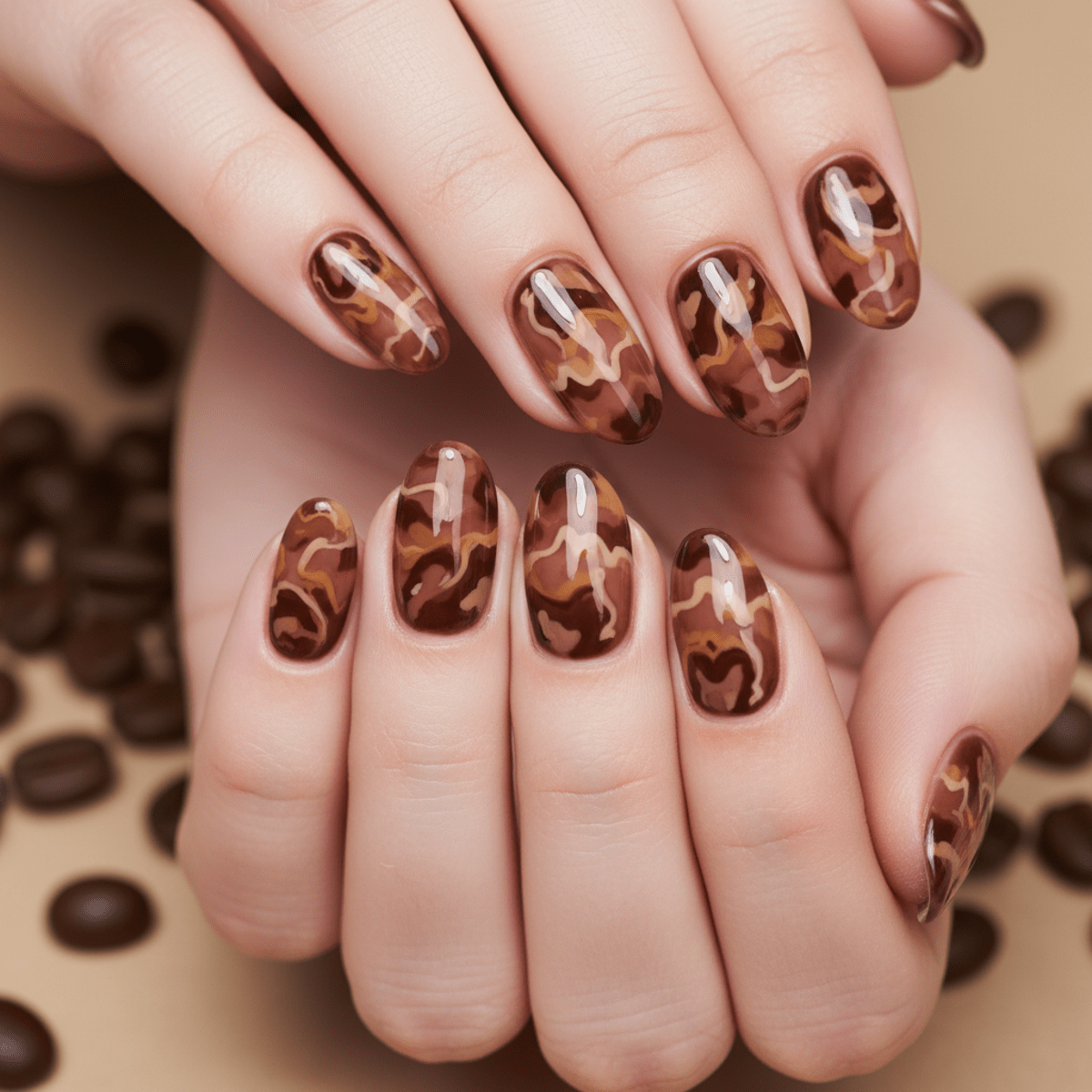 Close-up of mocha mousse nails with a translucent tortoiseshell pattern in warm, layered tones.