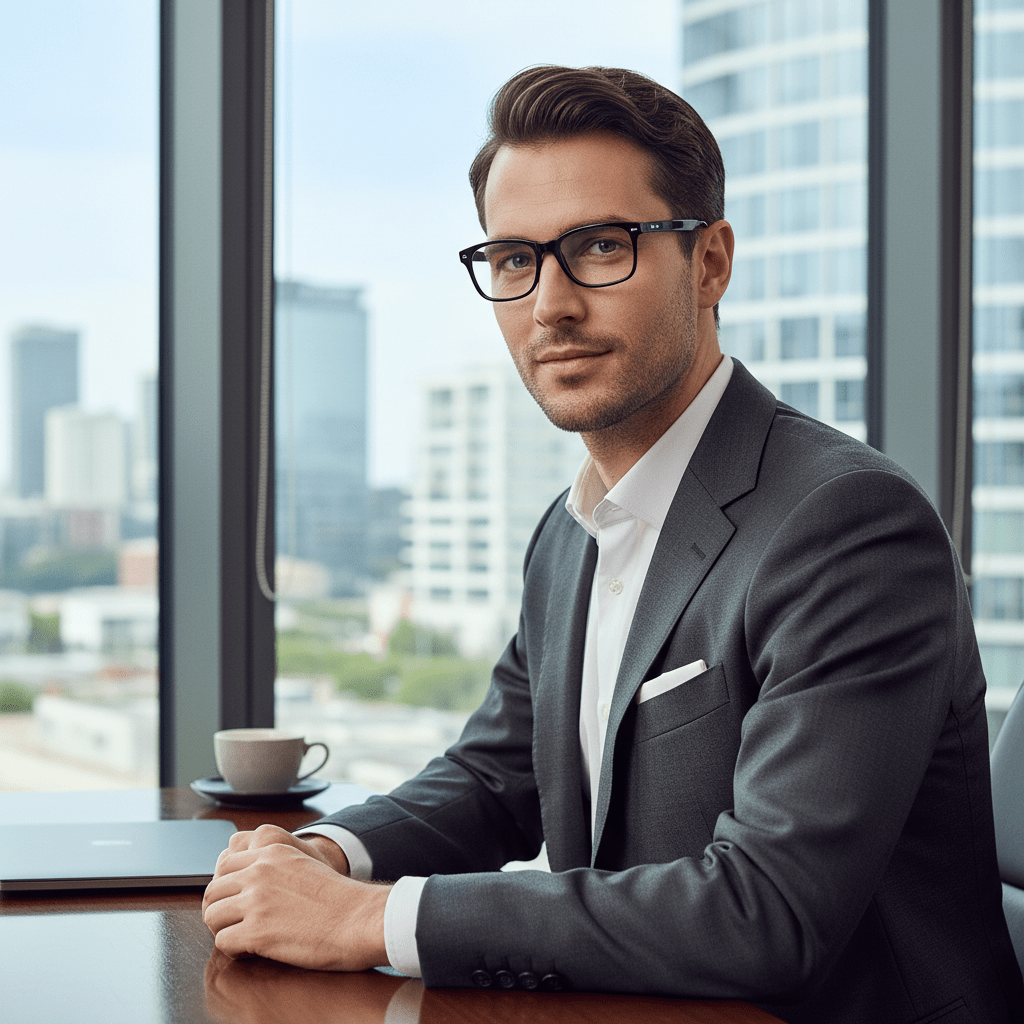 Man wearing sleek black acetate eyeglasses with hidden tech features.