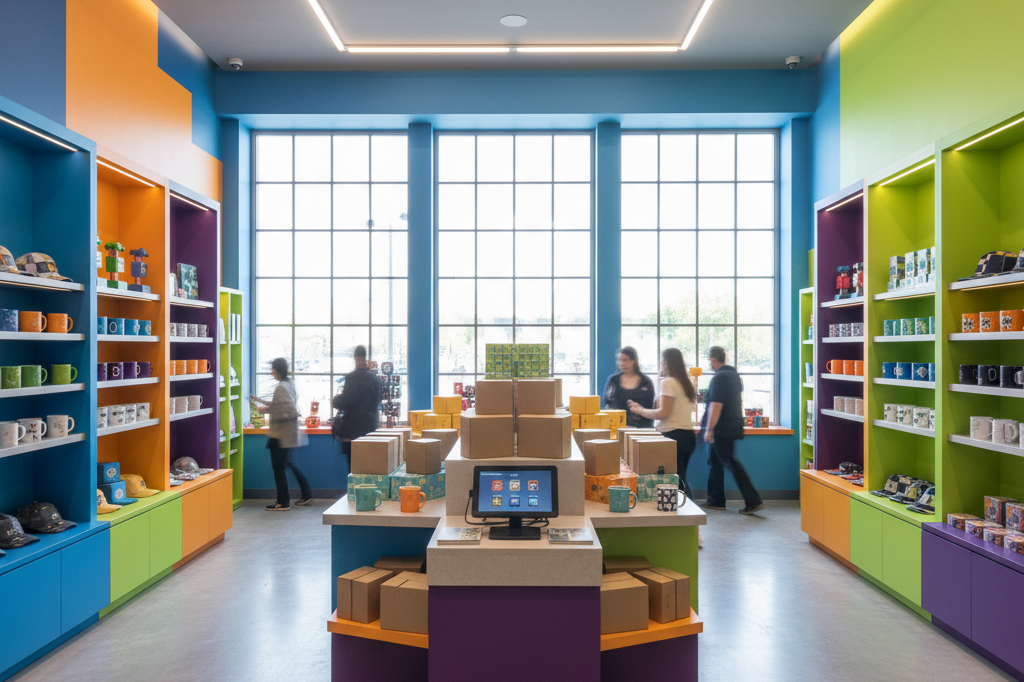 Vibrant retail space with block-style decor and generic merchandise under natural and ambient lighting