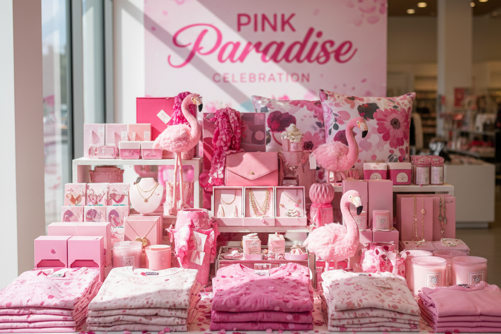 Vibrant pink merchandise display capturing retail event success Neatly arranged pink apparel and decor on a retail table under natural light, symbolizing themed event sales boost
