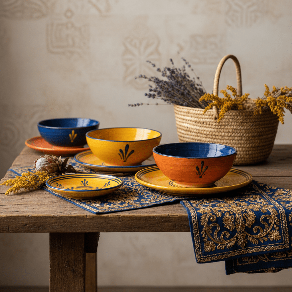 Artisanal homewares on rustic wooden table with vibrant colors. Vibrant artisanal homewares with hand-painted ceramics on a rustic wooden table.