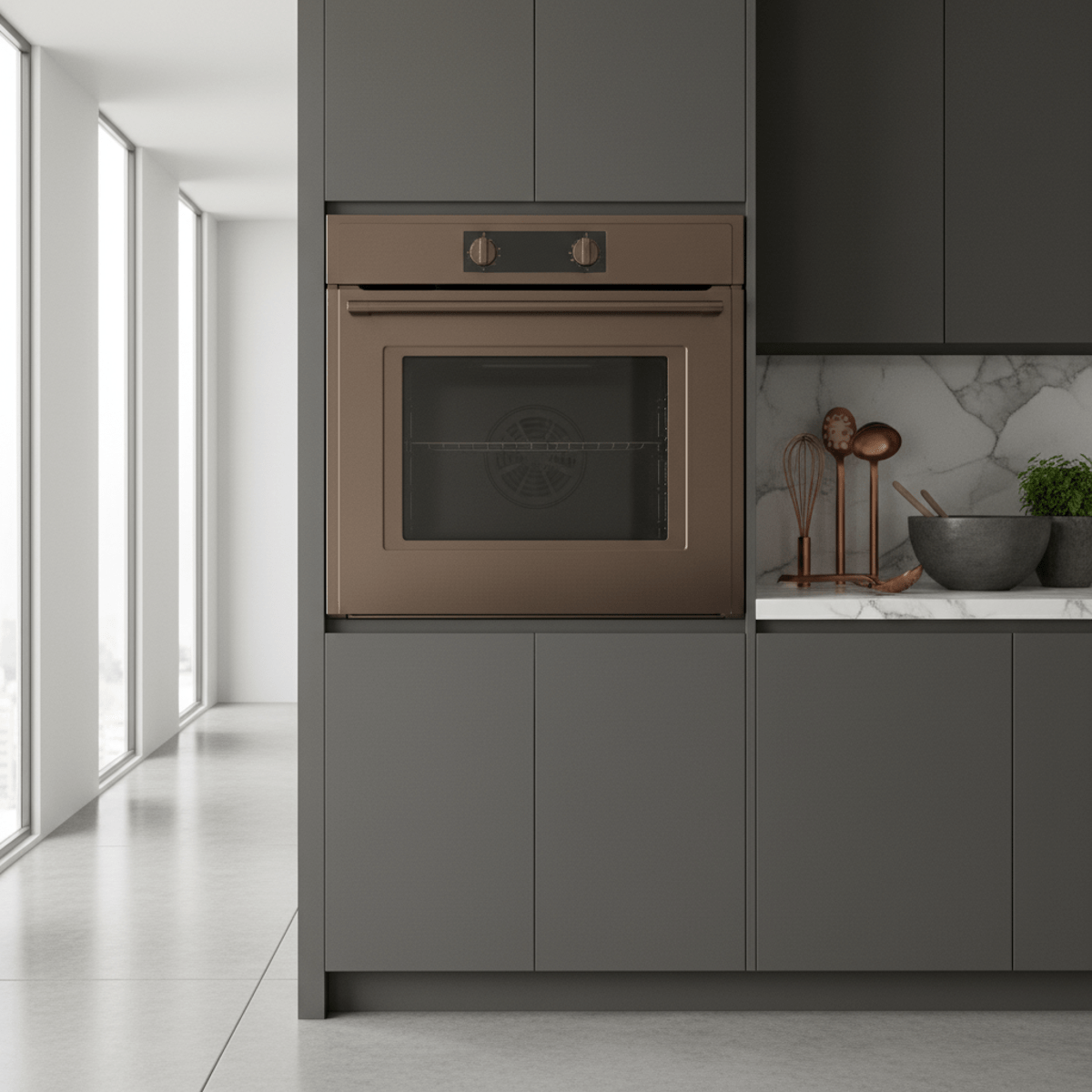 Luxurious brushed bronze electric convection oven in a modern slate gray kitchen.
